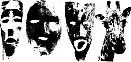 Traditional african mask silhouettes with giraffe face in ink art for cultural and artistic design