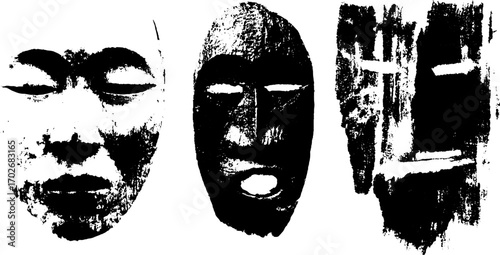 Black ink silhouette of african masks set for cultural art design