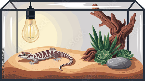 Leopard Gecko in Terrarium Under Heat Lamp, Desert Reptile Habitat Setup with Plants, Sand, Rock, and Wooden Decor