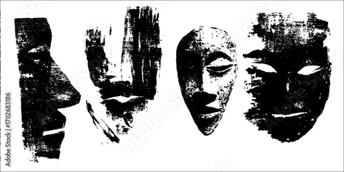 Intricately designed black ink silhouette of african masks - cultural art collection