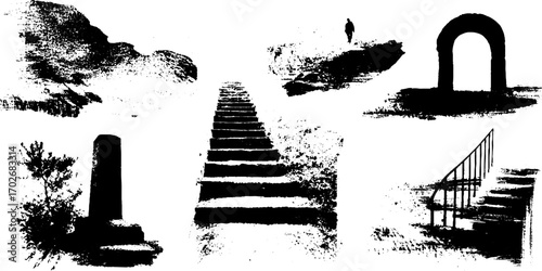 Urban alley silhouettes with stairs and archways in black ink style