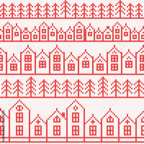 Knitted red and white Christmas background. Houses and christmas trees seamless pattern. Texture for fabric, wrapping, wallpaper. Decorative print.