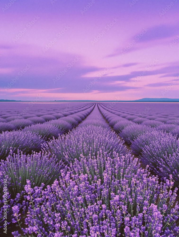Obraz premium Lavender Field at Sunset Purple Skies Aromatic Flowers Beauty Nature