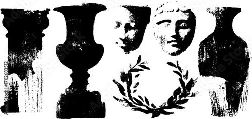 Black ink silhouette of antique symbols and column heads for design and decoration