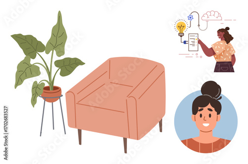 Armchair and leafy plant complement a woman holding connected devices and smiling portrait. Ideal for technology, home decor, ideas, remote work, creativity, furniture, personal development. Simple