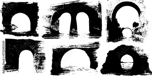 Abstract black ink silhouette of arches and vaults for urban art design