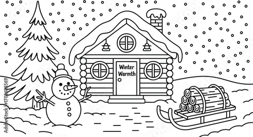 Black and white winter cabin illustration, snowman, pine tree, firewood sled, snowfall background, cozy holiday coloring page