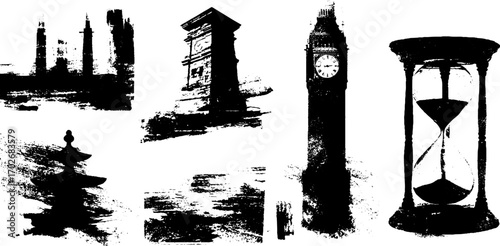 Black ink silhouette set featuring architectural clocks and iconic structures