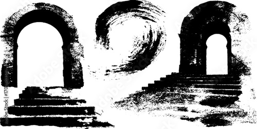 Black ink silhouette of arches and stairs with grunge texture for urban design