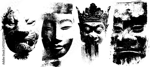 Architectural masks in black ink silhouette with grunge texture for creative design