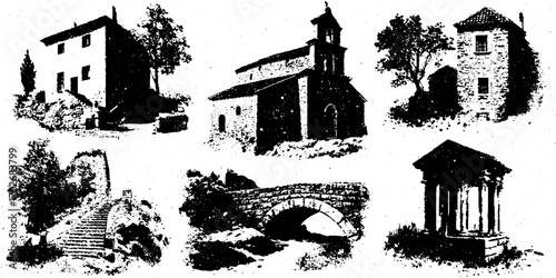Black ink silhouette set of architectural structures and houses design for posters