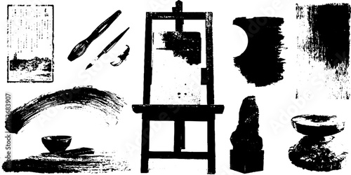 Black ink silhouette set: art palette, brushes, easel, and paint strokes for creative design