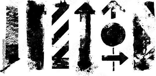 Urban grunge black ink silhouette of asphalt markings with arrows and stripes