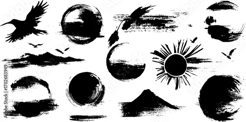 Black ink silhouette of astrology zodiac signs with artistic grunge and stencil style