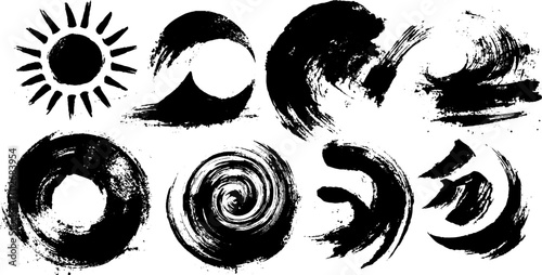 Black ink silhouettes of astrology zodiac signs with abstract elements for artistic design
