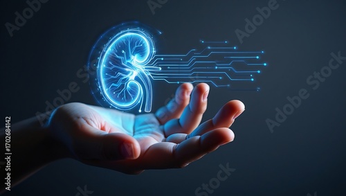 Futuristic digital kidney hologram held in hand with circuitry