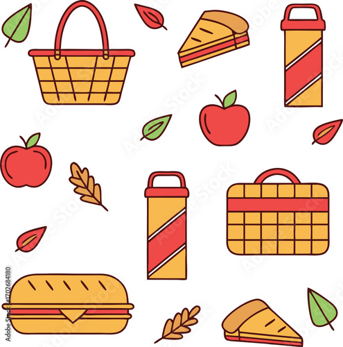 Cozy autumn picnic elements doodle set with basket apple pie sandwich food