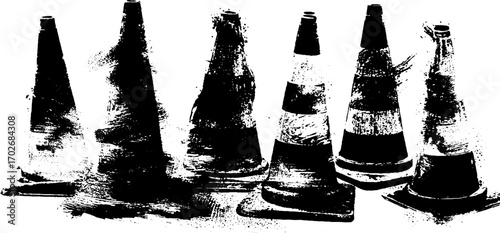 Urban grunge silhouette of traffic cones and barricades for street art design