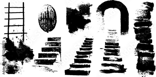 Urban architectural silhouettes: black ink illustrations of basements and hatches