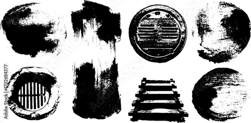 Grunge black ink silhouettes of urban basements and hatches for creative design