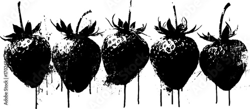 Black ink silhouette of strawberry berries with grunge texture for creative design