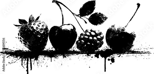 Black ink silhouette of berries - artistic strawberry, cherry, and raspberry design