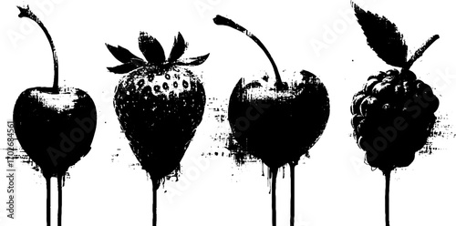 Black ink silhouette set of berries with grunge and splash effects for artistic design