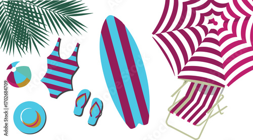 Colorful beach vacation essentials with striped umbrella, swimsuit, surfboard, palm leaves, beach ball, flip flops, summer accessories