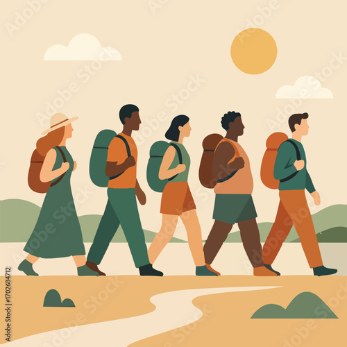 A diverse group of friends embarking on an outdoor hiking adventure, walking together on a scenic trail, backpacking