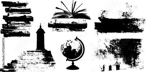 Black ink silhouette collage of books and libraries for academic design