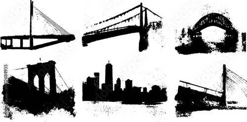 Black ink silhouette set of suspension bridges and cityscape for urban design