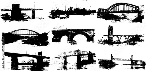 Black ink silhouette set of iconic suspension and arch bridges for urban design