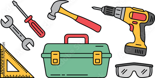 Toolbox with construction tools, screwdriver, hammer, wrench, drill, ruler, safety glasses in vector illustration for DIY work