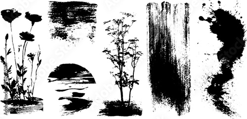 Black ink silhouettes and brush strokes collection for creative design projects