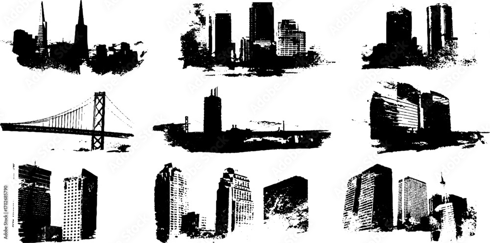 Fototapeta premium Urban building silhouette set with black ink grunge effect for creative designs