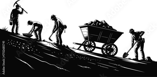 Silhouette of miners working on hillside, digging, mining, loading cart with rocks, vintage style, black and white illustration