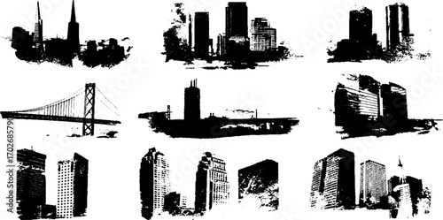 Urban building silhouette set with black ink grunge effect for creative designs