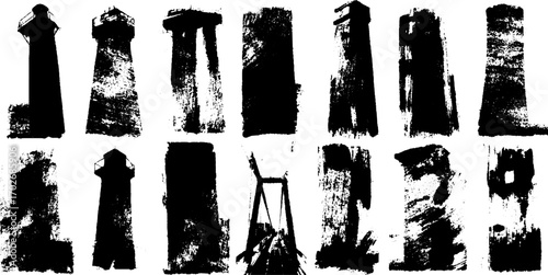 Urban grunge ink silhouette collection of buildings for creative design projects