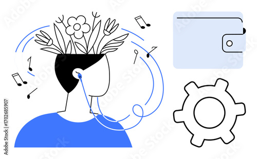 Person wearing earphones with growing flowers and music notes representing creativity, next to gear icon and wallet. Ideal for creativity, innovation, music, self-expression, finances, productivity