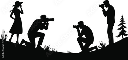 Silhouette photographers capturing model outdoors, photo shoot in nature scene, black and white style, photography concept illustration