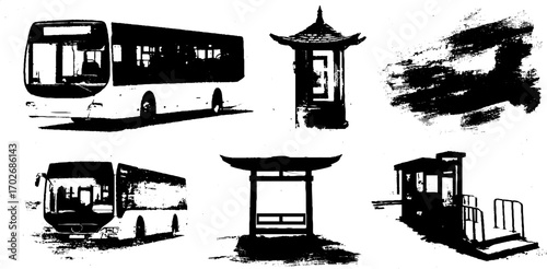 Black ink silhouette of city buses and urban structures for transportation design