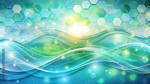 Abstract blue green background with waves hexagons and bokeh lights