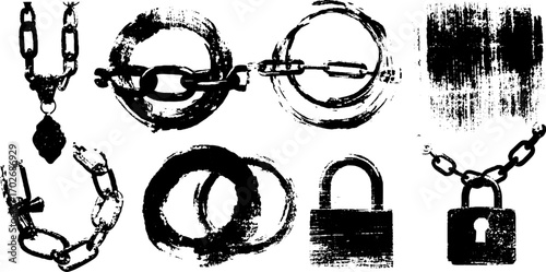 Black ink silhouette of chain and lock collection for urban design