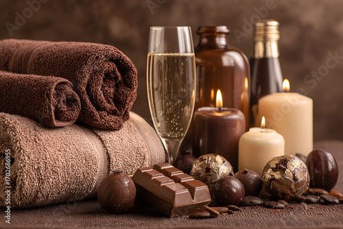 Aesthetic photo of a spa salon in chocolate shades, providing luxury services. Candles, towels, champagne, chocolate