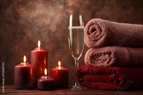 Aesthetic photo of a spa salon in amaranth shades, providing luxury services. Candles, towels, champagne.
