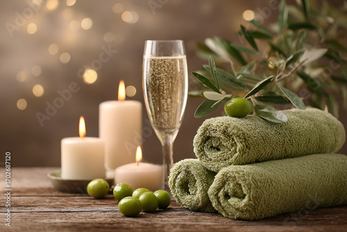 Spa still life with candles, towels, olive branch and olives. Glass of champagne. Relaxation concept.