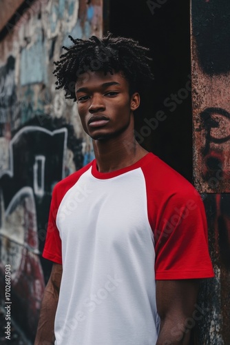 Urban portrait of a young man wearing a white and red baseball tee.