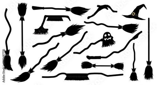 Set of various witch brooms silhouette vector illustration. Halloween broomsticks set. broom Vector