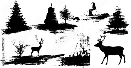 Black ink silhouette of christmas fir trees and deer for holiday design