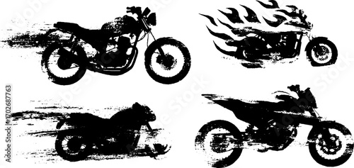 Dramatic black ink motorcycle silhouettes set for urban art and design